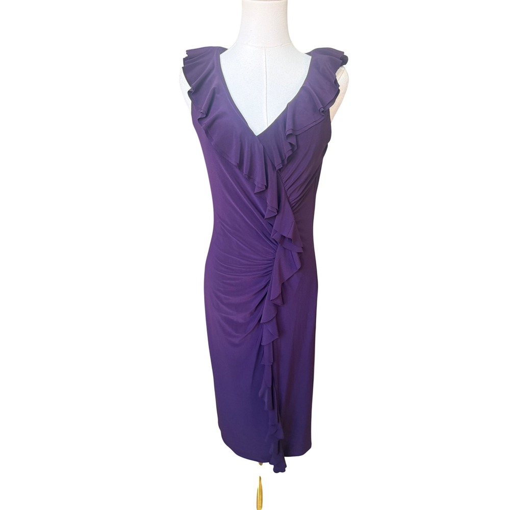 Lauren Ralph Lauren Purple Jersey Sheath Dress Size 6 Faux Wrap Ruched Cocktail